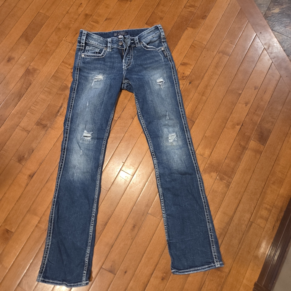 Silver Jeans Women's Straight Leg Distressed Blue Denim